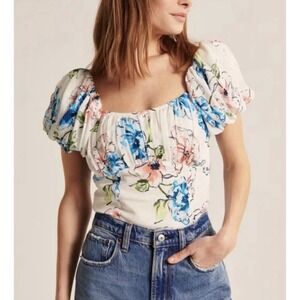 NEW! Abercrombie & Fitch Floral Puff Sleeve Ruched Top Blouse SZ M